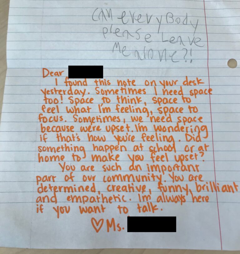 The image shows a beautiful and reassuring note that a teacher left a student who was feeling stressed